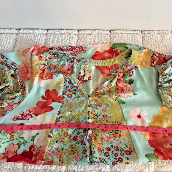 Fig & Flower V-Neck Floral 3/4 Sleeve Top Size L Festival Boho Feminine Fairy - Picture 10 of 14